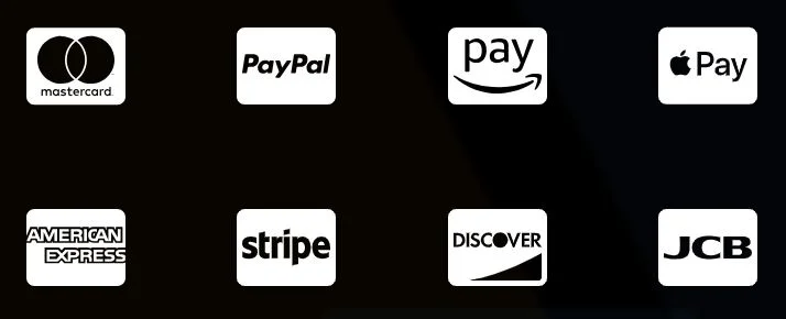 Accepted payments: Mastercard, PayPal, Amazon Pay, Apple Pay, American Express, Stripe, Discover, JCB
