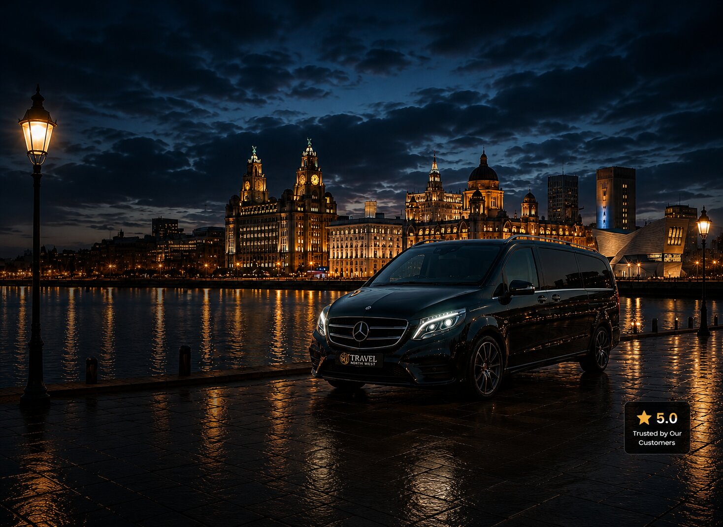 Premium Mercedes V-Class at Liverpool waterfront at night