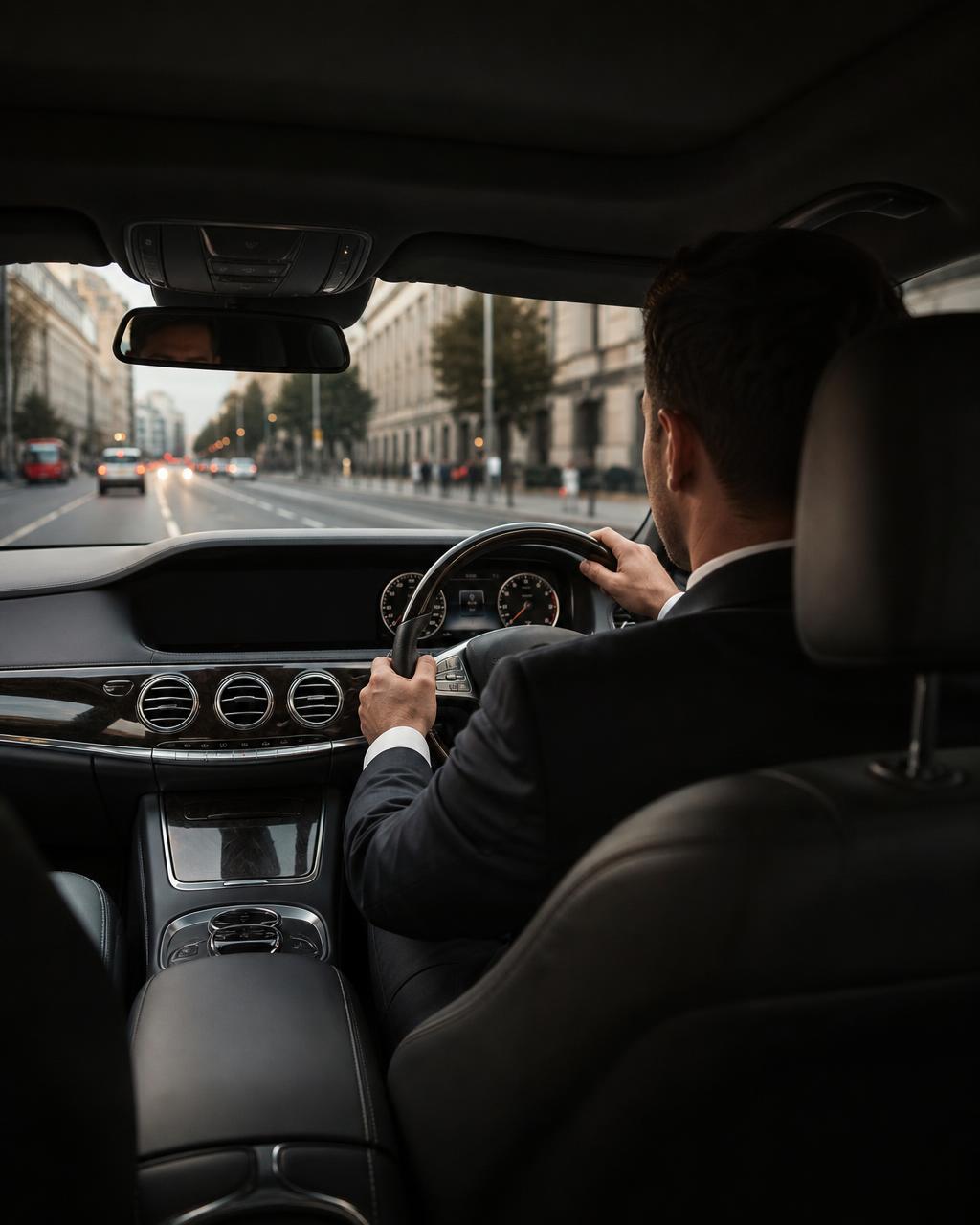 Professional chauffeur driving a luxury vehicle on a city road
